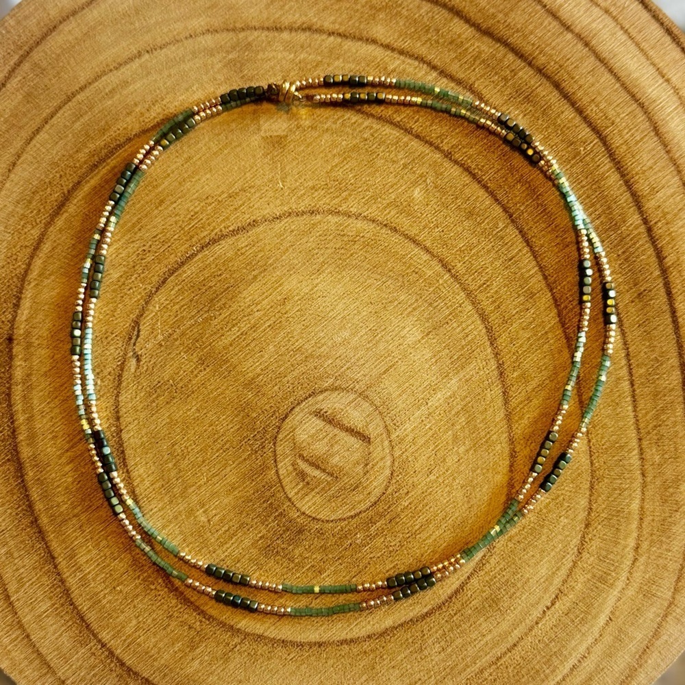 Double Strand Gold Tone Green Beaded Necklace - Picture 3 of 3